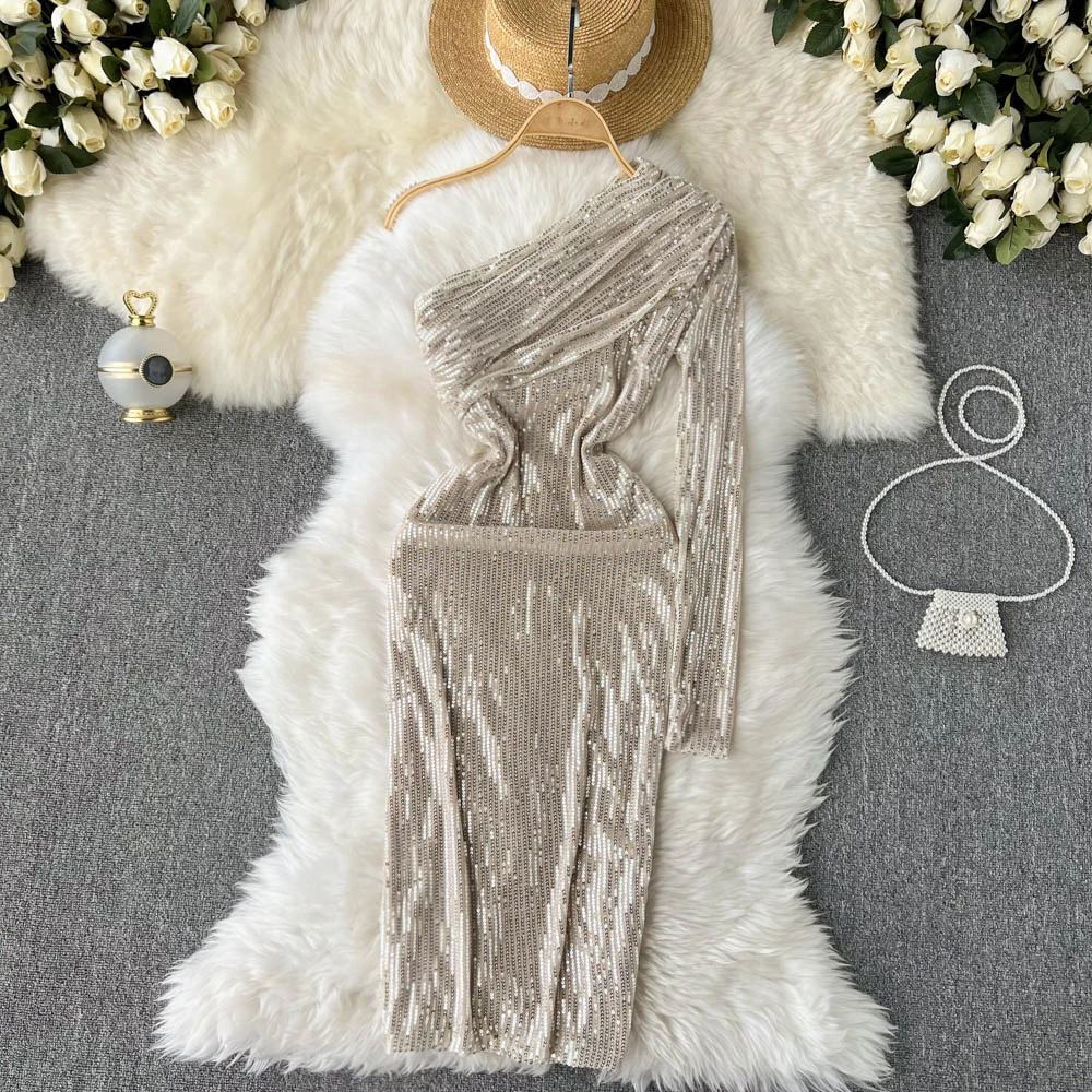 

Sexy Sequins Irregular Party Bodycon Dress Women Spring Autumn Long Sleeve Half Open Collar One Shoulder Vestidos Female New
