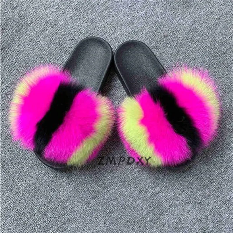

Ladies Real Fox Fur Slippers Kids/Children's Fluffy Slides Women's Beach Furry Flip Flops Cute home plush Shoes Female Sandals