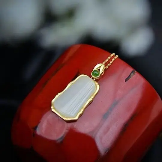 

Natural Hetian Jade Bamboo White Jade Pendant Clavicle Chain Tranquility and Peace Plate Jade Pendant Neckl