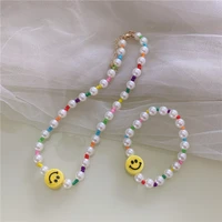 korean fashion ins handmade color pearl necklace ceramic smiley personality necklace clavicle chain choker girl necklace