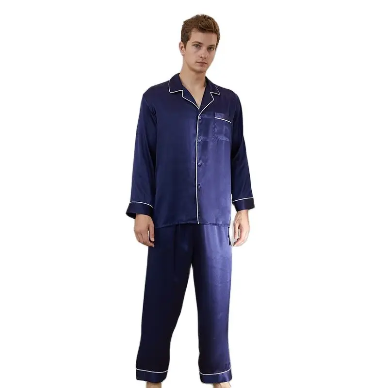 Men's Long Sleeve Trousers Silk Pajamas Set Summer 100% Mulberry Silk Home Clothes AvailableM Ale