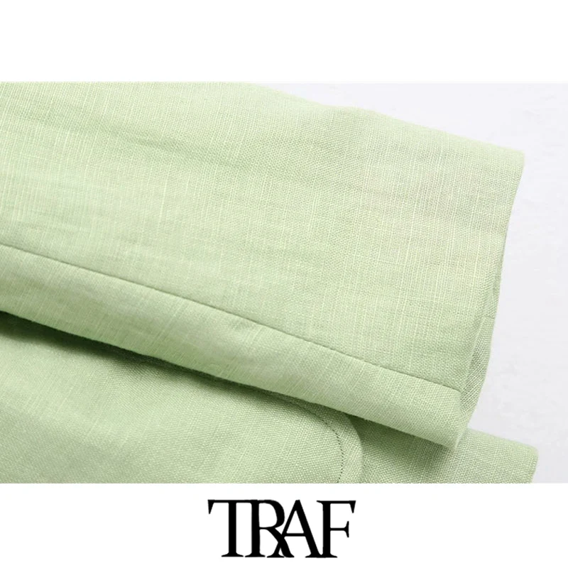 

TRAF Women Fashion Office Wear Single Button Linen Blazer Coat Vintage Long Sleeve Pockets Female Outerwear Chic Tops