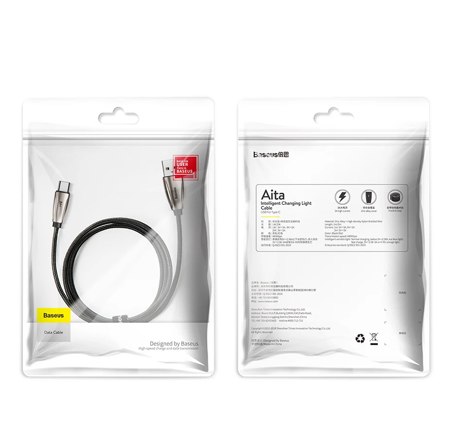Baseus usb type-C кабель для Samsun S9 S10 Quick Charge 3,0 USB C кабель для Xiaomi Redmi Note 8 Pro светодиодный usb type USB-C провод