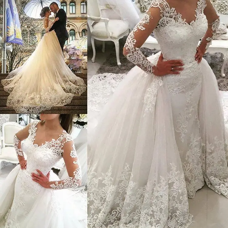 

Luxury Overskirts A Line Wedding Dresses Jewel Neck Long Sleeves Lace Appliques Pearl Crystal Beaded Puffy Tulle Plus Size