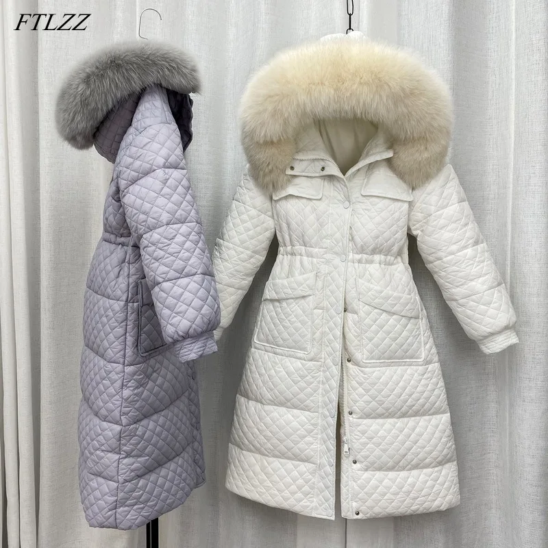 

FTLZZ зимняя Большая куртка с натуральным меховым воротником и капюшоном, Женская длинная куртка на 90% белом утином пуху, модная теплая верхня...