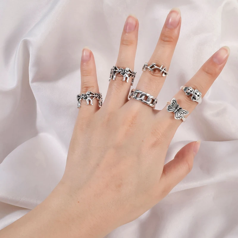 6pcs/set Vintage Silver Plated Angel Wings Ring for Womens Gothic Punk Steampunk Heart Butterfly Skull Ring Sets Party Jewelry