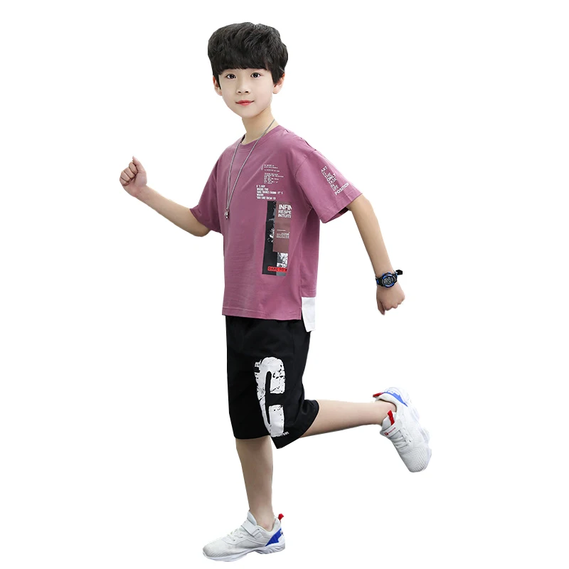 

4-12 Boys summer fashion sports Suit in big kids letter printed short-sleeved T-shirt + half-length pants child quality clothing