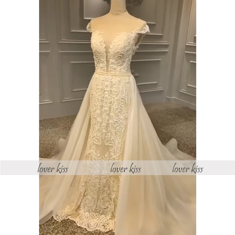Lover Kiss vestido de novia 2 шт. свадебное платье с жемчугом со съемной юбкой с короткими рукавами 2 в 1 кружевные свадебные платья Реальные фотографии