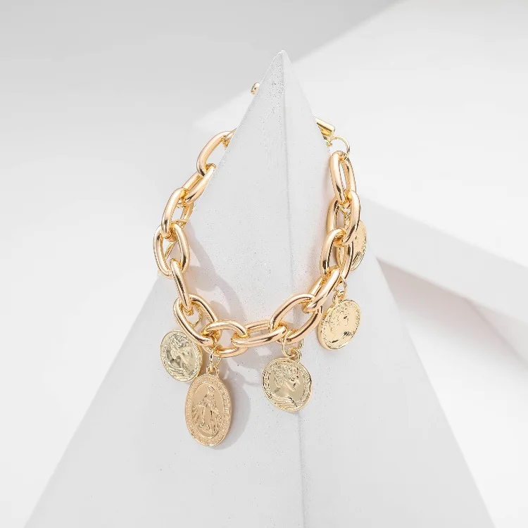 

ORNAPEADIA Coin Pendant Chain Bracelet for Women OT Buckle Retro Coin Alloy Bracelet Wholesale Luxury Jewelry Cuff Bangles