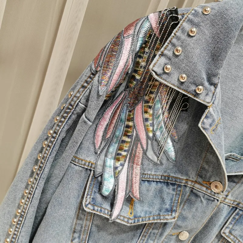 

Rivet Wings Coats Women Casual Embroidered Denim Jacket Sprint Short Denim Coat Jackets For Women Long Sleeve FS102