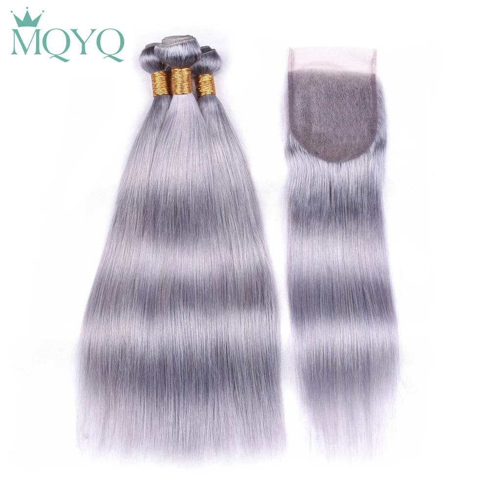 

MQYQ цвета: золотистый, Серебристый Серый пряди с закрытием Реми бразильские прямые волосы с закрытием человеческие волосы пряди с закрытием ...