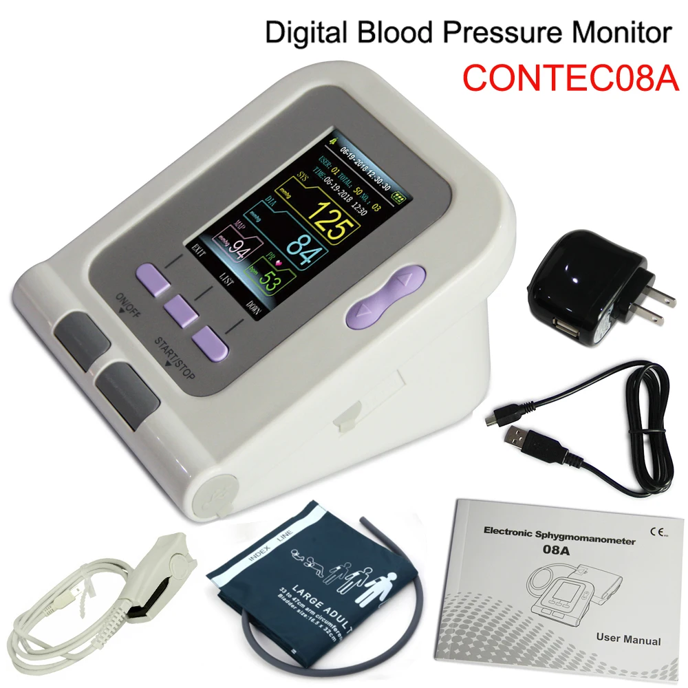 

CONTEC08A Digital Sphgmomanometer Upper Arm Automatic Blood Pressure Monitor BP Machine Large Adult NIBP Cuff SPO2 Probe