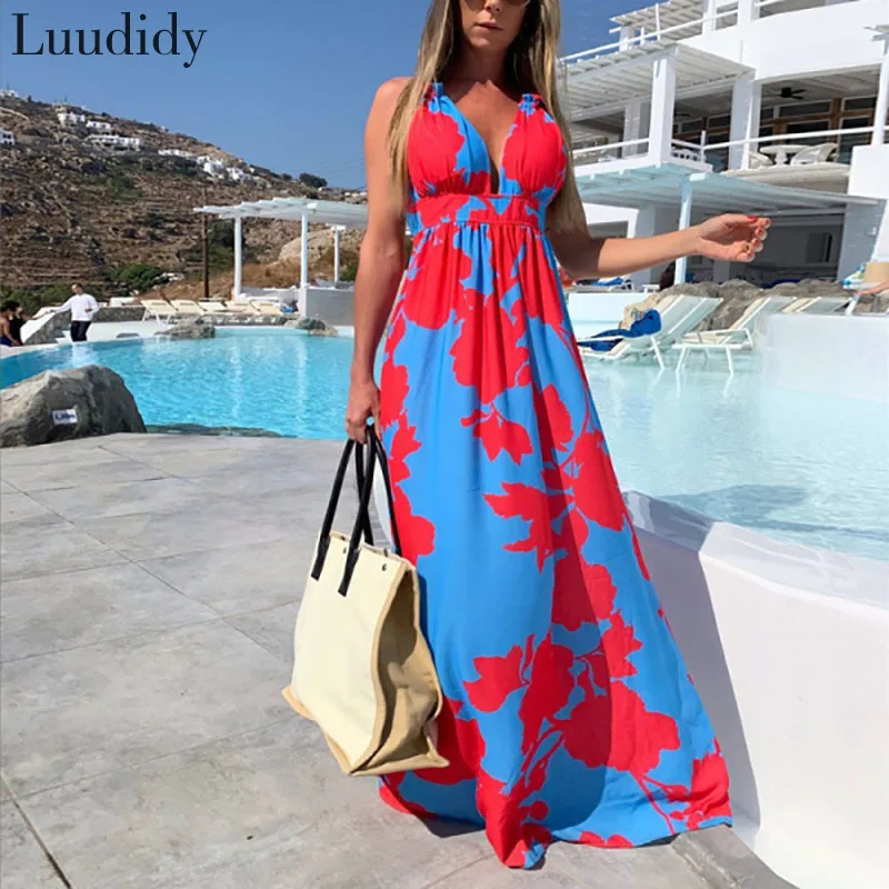 

Printed V-neck Sleeveless Dress Summer Femme Deep V Backless Large Size 3XL Bohemian Maxi Dress
