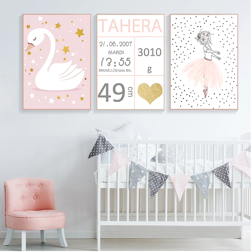 

Плакат с изображением балерины и лебедя на заказ, Настенная картина с названием клиента для детской комнаты, художественные плакаты в сканд...