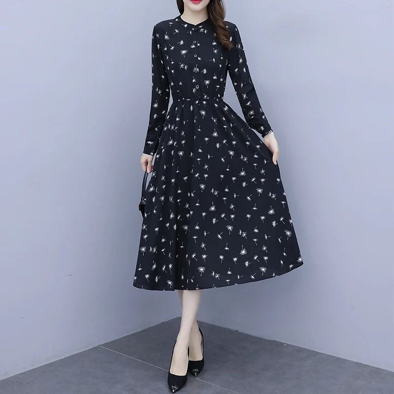 

Women Vintage Black Print Chiffon Beach Midi Dress 2021 Spring Casual Floral 5XL Plus Size Dress Elegant Bodycon Party Vestidos