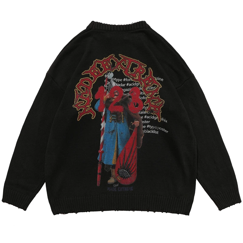 

Осенний винтажный Свитер оверсайз, Мужская одежда, вязаный свитер с принтом, черные джемперы, модные уличные мешковатые пуловеры, топы для м...