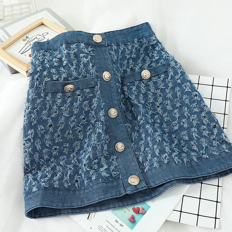 

Women Fashion Hole Skirt 2020 Summer Chic High Waist Mini A-Line Denim Skirt Casual Vintage Elegant Ladies Button Denim Skirt