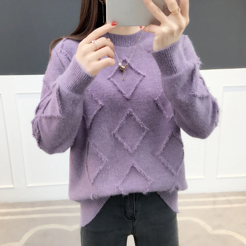 Women Solid Winter Sweater Chic Thick Pullovers Fashion Knitting Geometric Ladies Long Sleeve Casual Warm Lady |