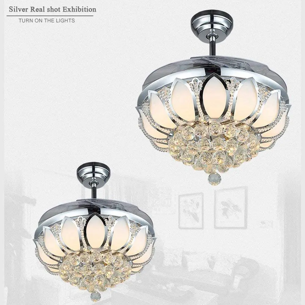 

Modern Crystal Chandelier Ceiling Fan Lamp Folding With Lights Chrome Light Dining Room Decorative Remote Control Bedroom Hotel