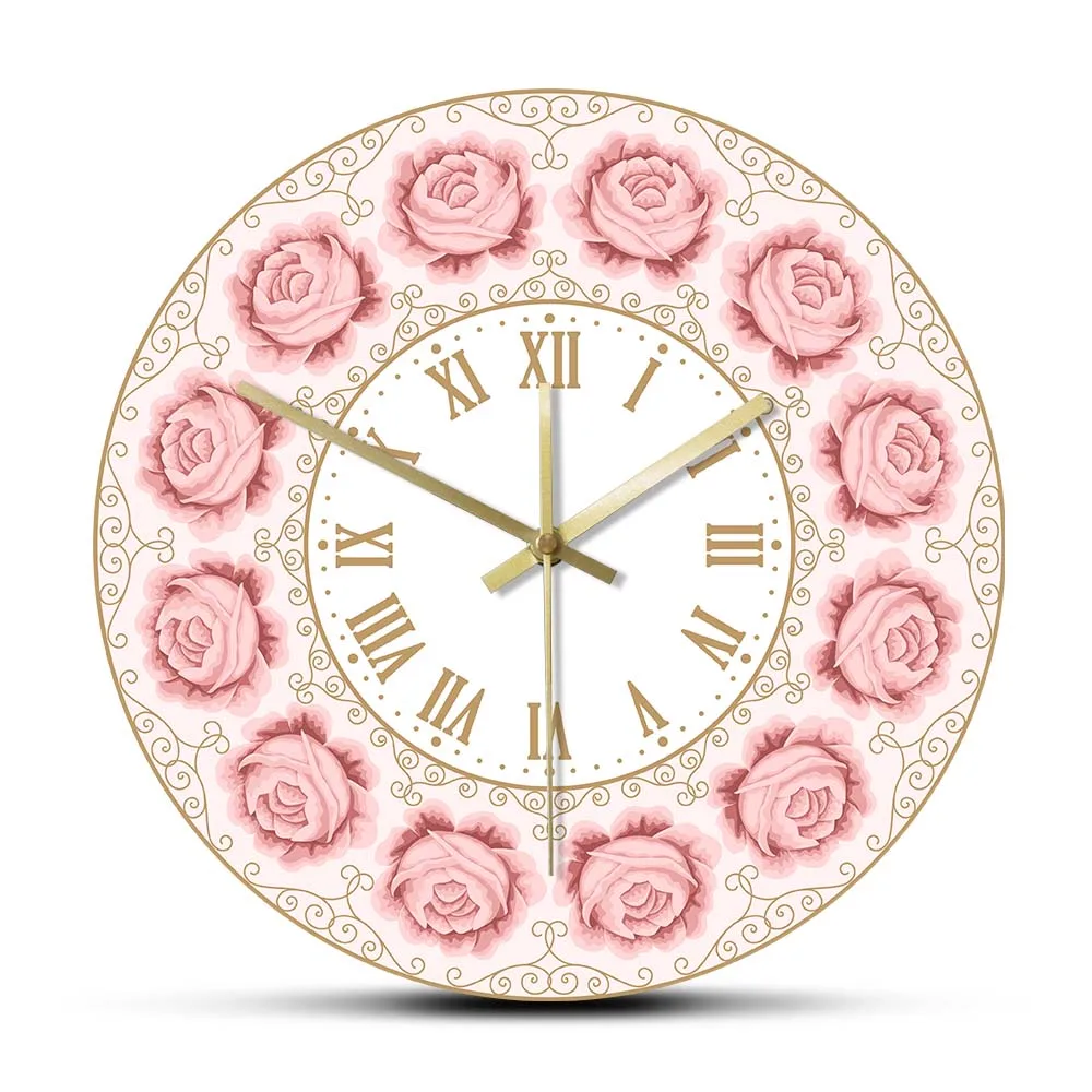 Pink Rose Vintage Wall Clock Silent Non Ticking With Roman Numerals Floral Chic Home Décor Clock Luxury Wall Watch For Girl Room