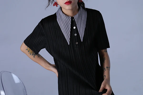 HOT SELLING Fashion pleated vintage slanting lapel button short-sleeve female shirt Contrast collar shirt IN STOCK