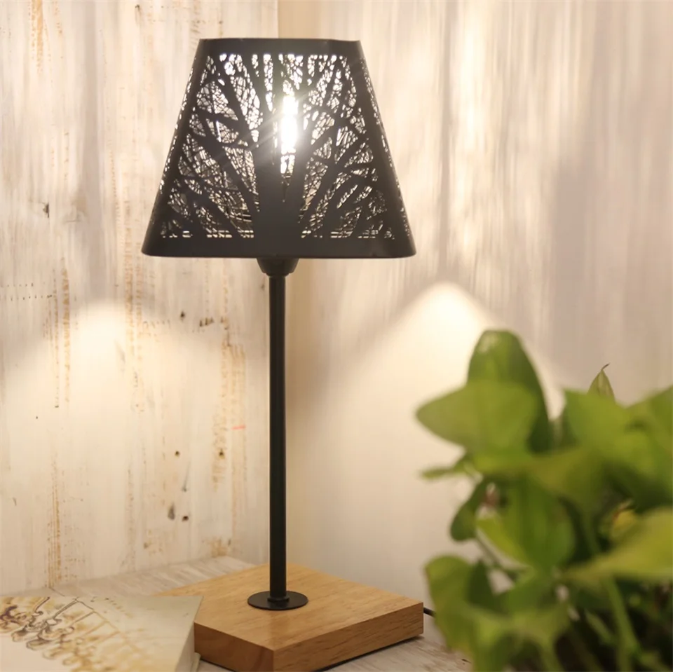 OYGROUP маленькая прикроватная лампа с деревянной основой черная металлическая