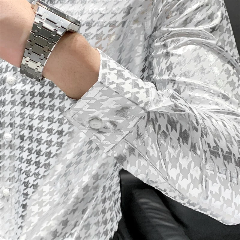 

Autumn Men 2021 Shirts Casual Slim Fir Long-sleeved Dress Shirt Plaid Men's Shirt Gold Printing Nightclub Clothes Chemise Homme