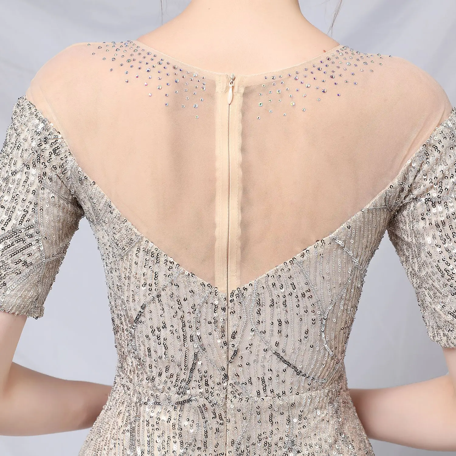

Partysix New Summer 2021 O Neck Silver Sequins Evening Party Dress Half Sleeve Formal Long Evening Dress