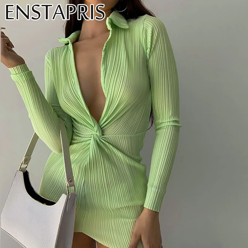 

Long Sleeve Twist Bodycon Cotton Wrap Dress Autumn Sexy Deep V Neck Turn-Down Collar Black Green Dresses for Women Office Wear