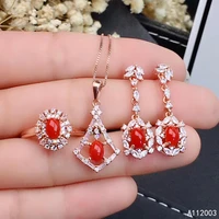 kjjeaxcmy fine jewelry 925 sterling silver inlaid natural gemstone red coral ring pendant earring set lovely supports test