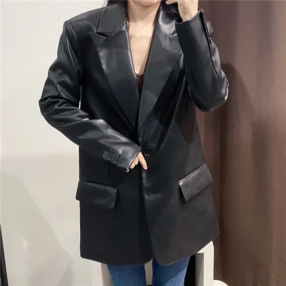 

2021 Long PU Faux Leather Blazers Women Leather Jacket Coat Brand New Women's Jackets Outerwear Ladies Coats Female Leather Suit