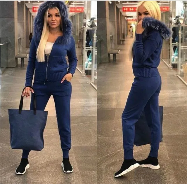 

Autumn Winter Faux Fur Collar Two Piece Set Top and Pants Hooded Knit Sports Suit Women Pant Suit Knit Set Ladies Tracksuit Set