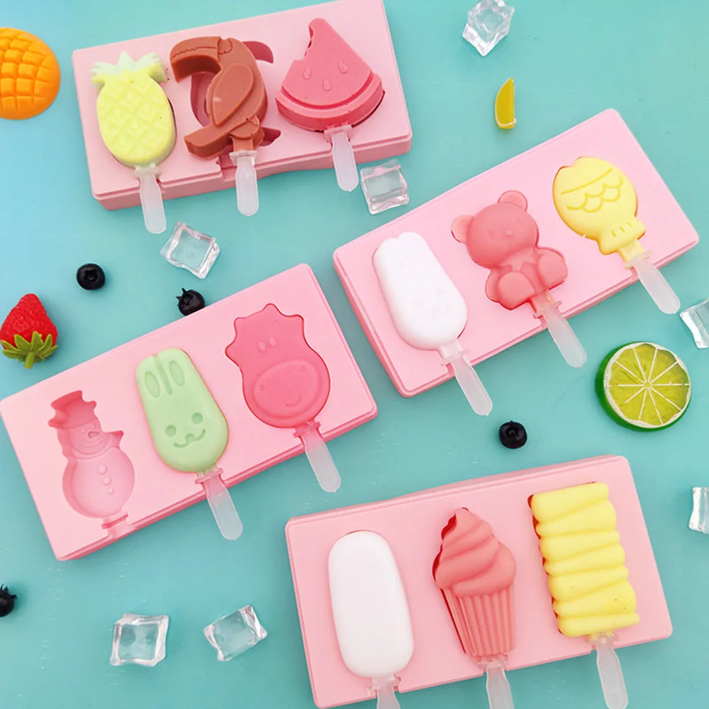 

Silicone Cartoon Ice Cream Molds 3 Cell Ice Cube Tray Popsicle Maker DIY Homemade Freezer Ice Lolly Mould Home Ice Cream Tools