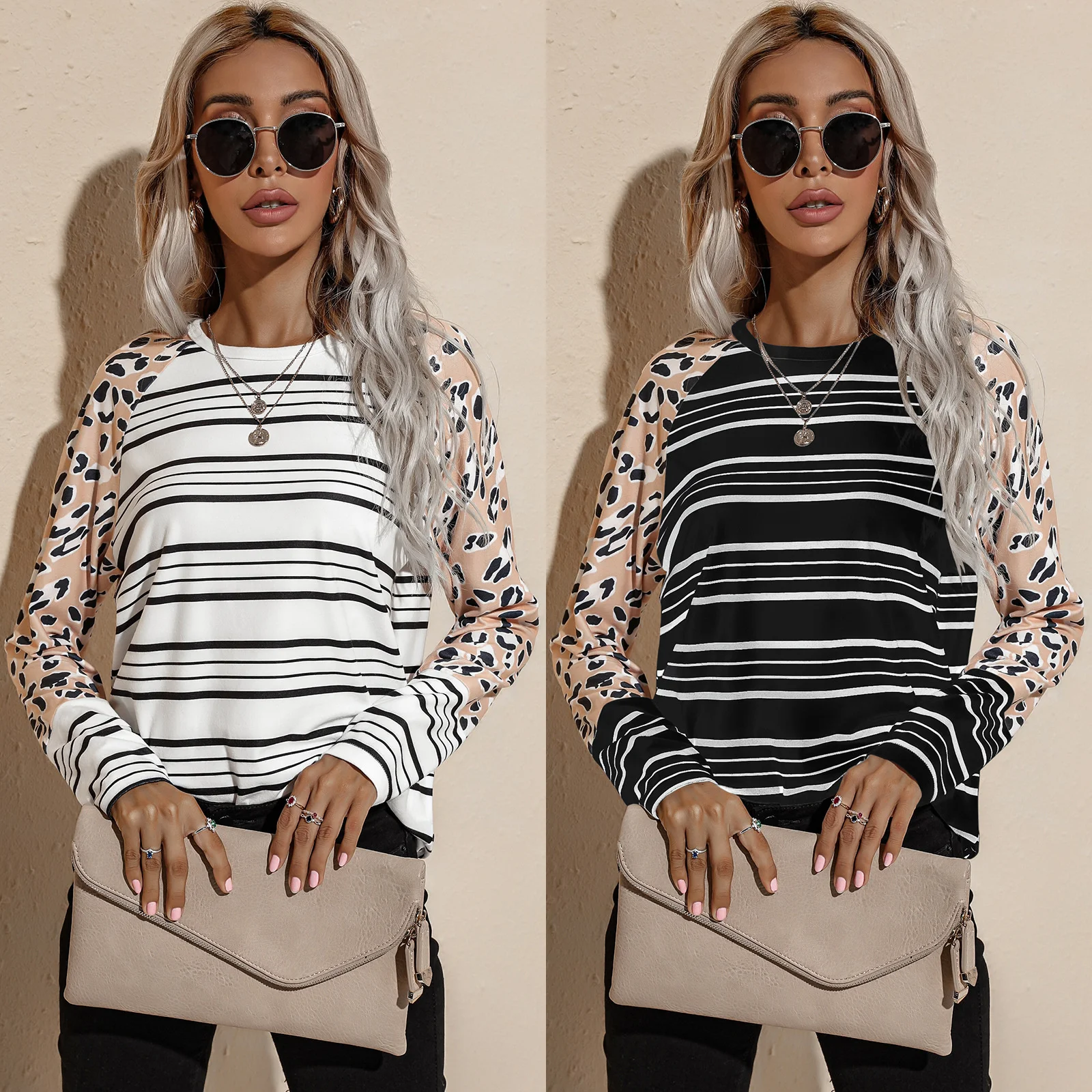 

Women's 2021 Autumn Winter Long Sleeve Striped T-shirt Casual Loose Leopard T Shirts