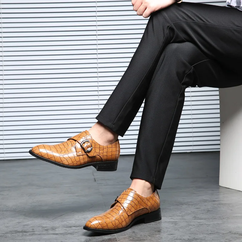 

New Spring Fashion Men Dress Shoes Leather Buckle Strap Elegant Business Office Wedding Shoes Pointed Toe Size 38-48