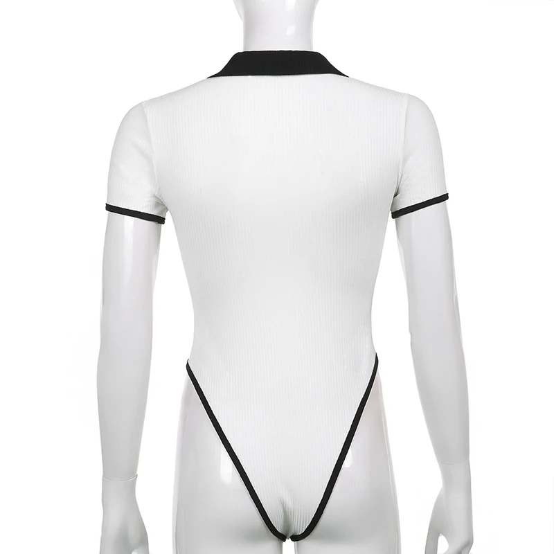 

Rapcopter Patchwork Bodycon Top Single Breasted Bodysuit Turn Down Collar Jumpsuit Summer Short Sleeve Playsuit Chic Streetwear