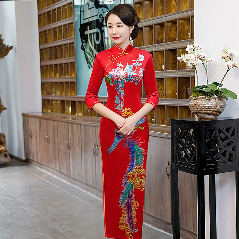 Винтажное китайское традиционное женское велюровое цветочное Qipao Мандарин