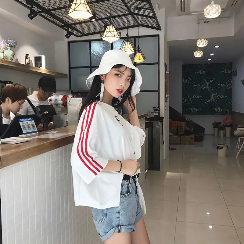 Женская футболка в Корейском стиле Harajuku с круглым вырезом свободная рукавом три