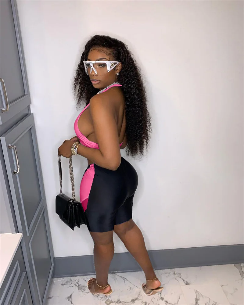 

hirigin Women Summer Halter Backless Tube Tank Crop Tops Bodycon Patchwork High Waist Biker Shorts Sets Skinny Two Piece Set