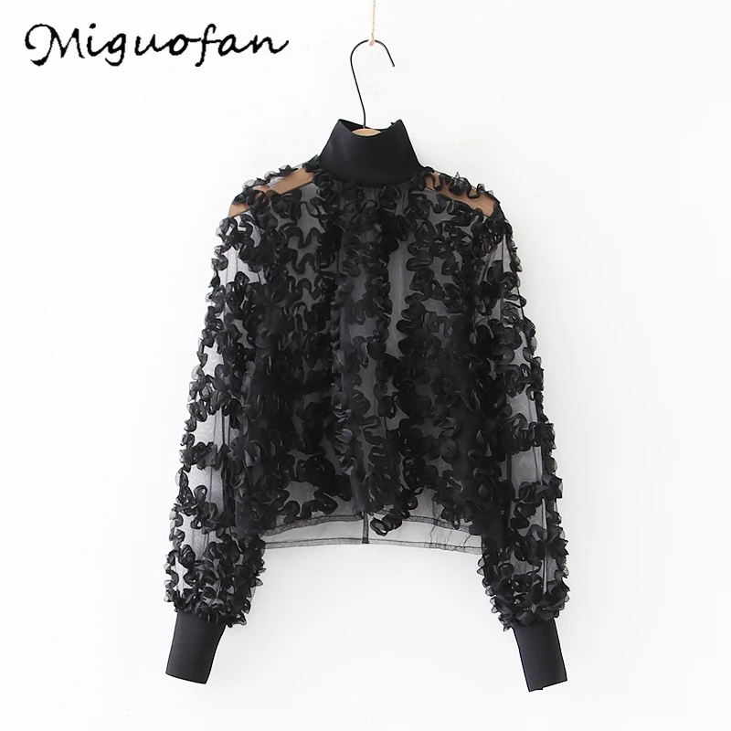 Miguofan женская блузка сексуальная сетчатая короткая кружевные оборки однотонные