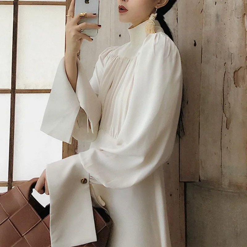 

FAKUNTN Dress Women White Elegant autumn Turtlneck Vintage Retro Dress Female Casual Korean One-piece Dress Fall 2021 Women