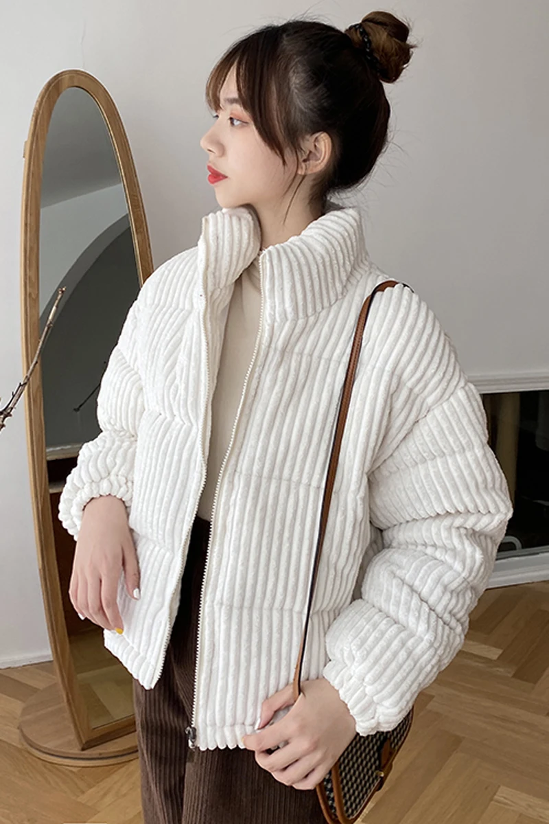 

Winter New Korean Loose And Slim Stand Collar Corduroy Long Sleeve Cotton Coat