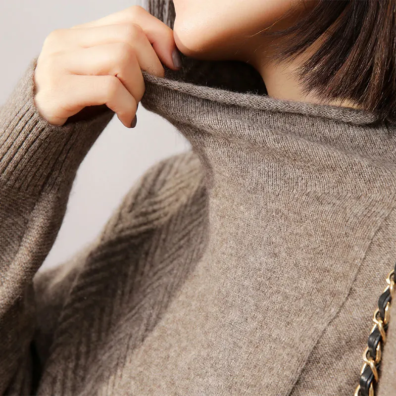 Свитер женский кашемировый вязаный пуловер с высоким воротником Свободный