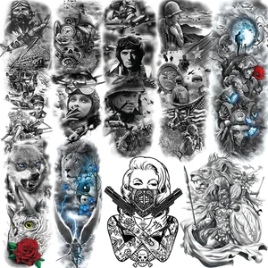 Тату временные для мужчин и женщин Black Soldier, реалистичные моющиеся тату на всю руку, Лев, волк, крутая Гангстерская тату-паста