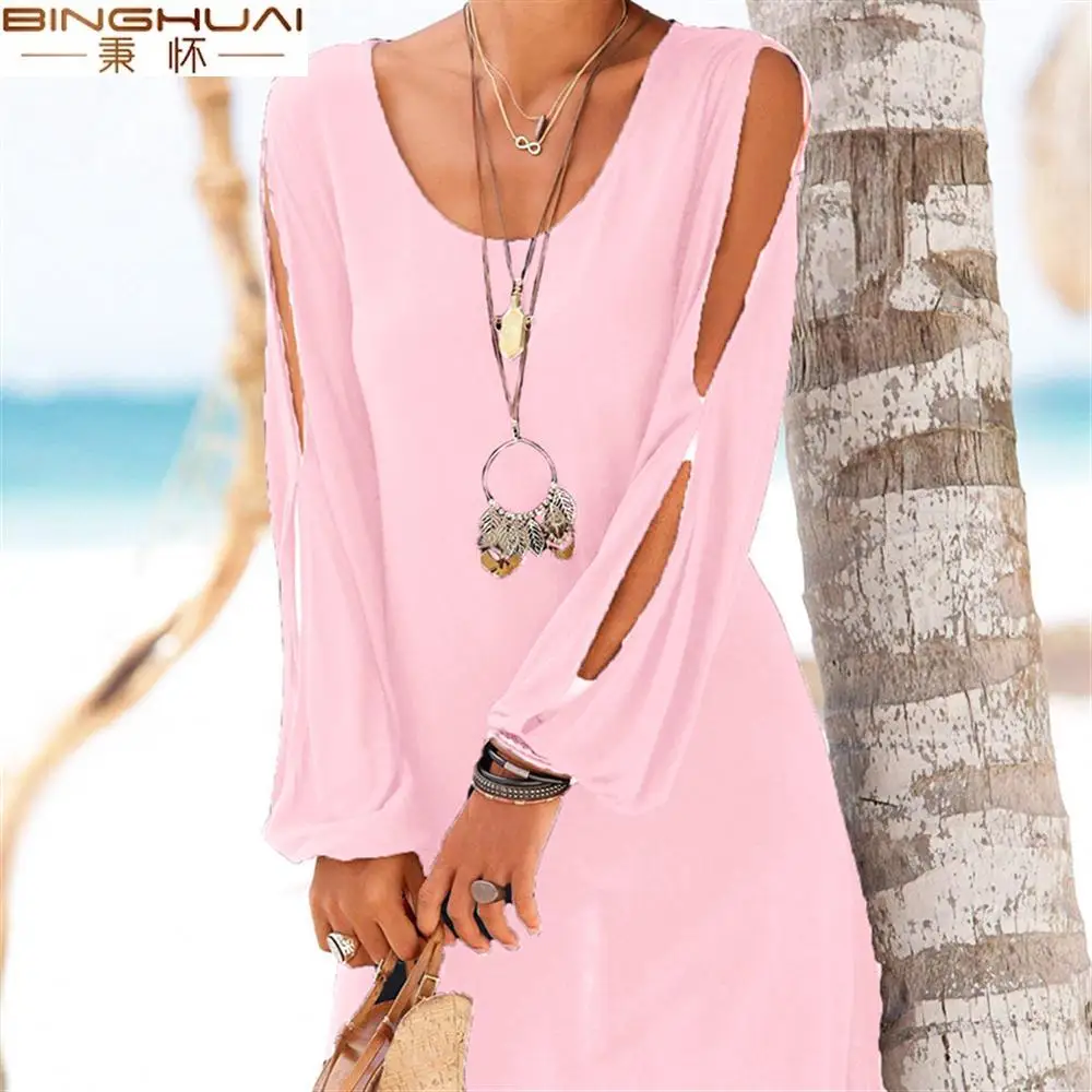 

Летнее платье 2019, модное женское повседневное прямое платье с длинным рукавом и круглым вырезом, однотонное пляжное мини-платье для женщин