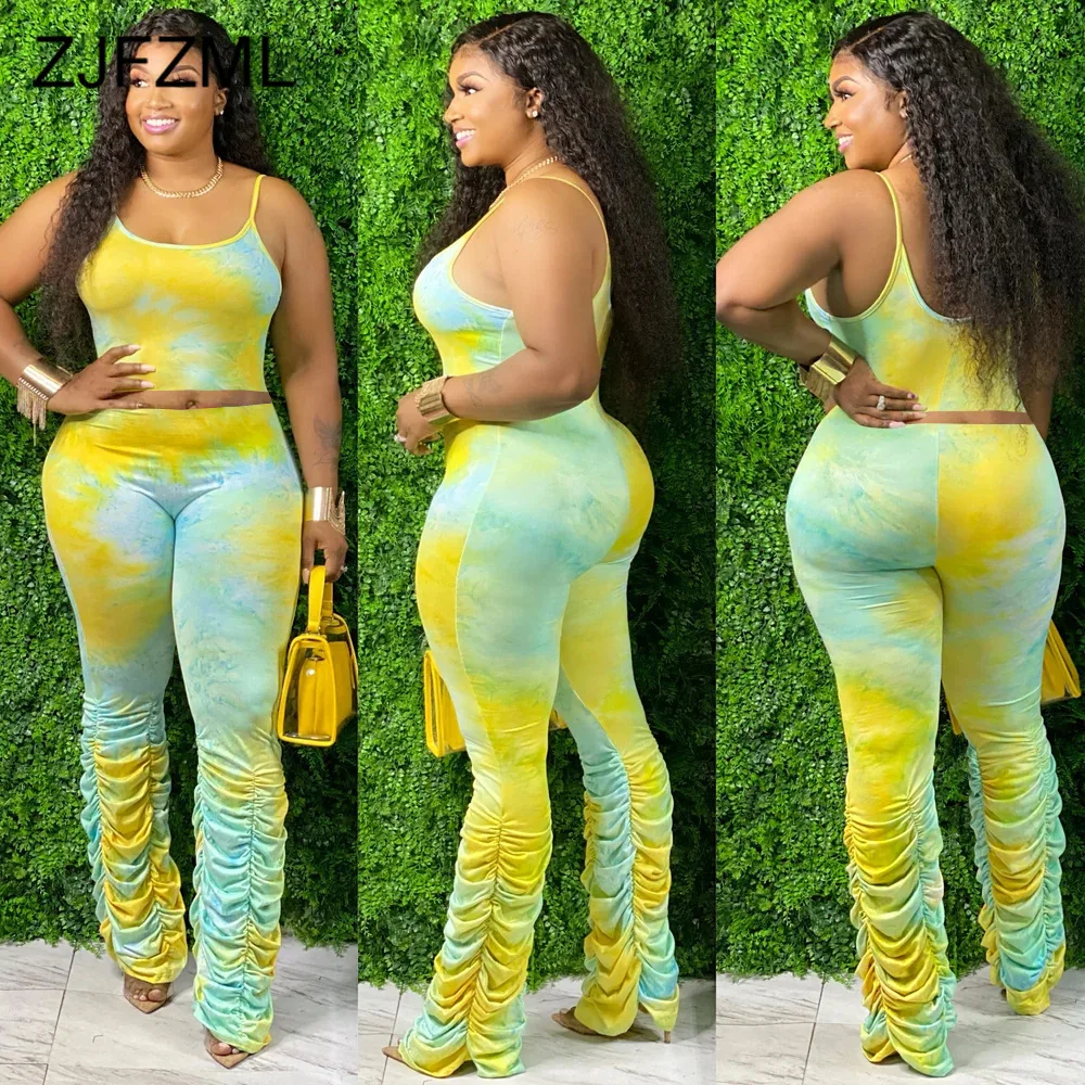 

Sexy Active Wear Workout Sweatsuits Spaghetti Strap Tie Dye Bandage Crops+pleated Stacked Pant Trouser Elegnat 2 Pice Tracksuit