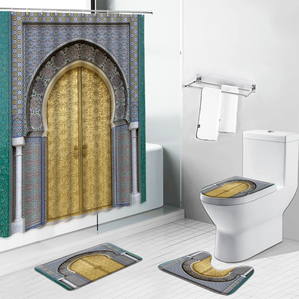 

Old Vintage Wood Door Shower Curtains Set Africa Moroccan Antique Doors Bathroom Decor Non-Slip Bath Mat Toilet Cover Carpet Rug