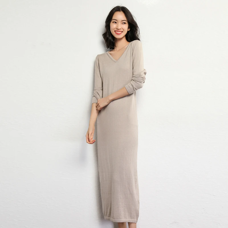 Женское длинное кашемировое платье с v-образным вырезом Клубные и вечерние