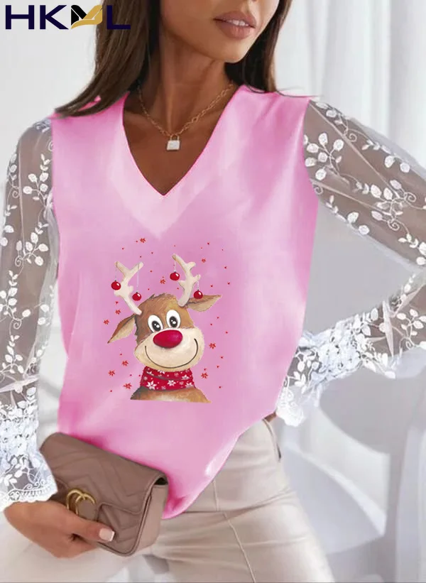 

Christmas Elk Print Sheer Mesh Lace Top Winter Women Casual Elegant White Plus Size V Neck Long Sleeve T-shirts