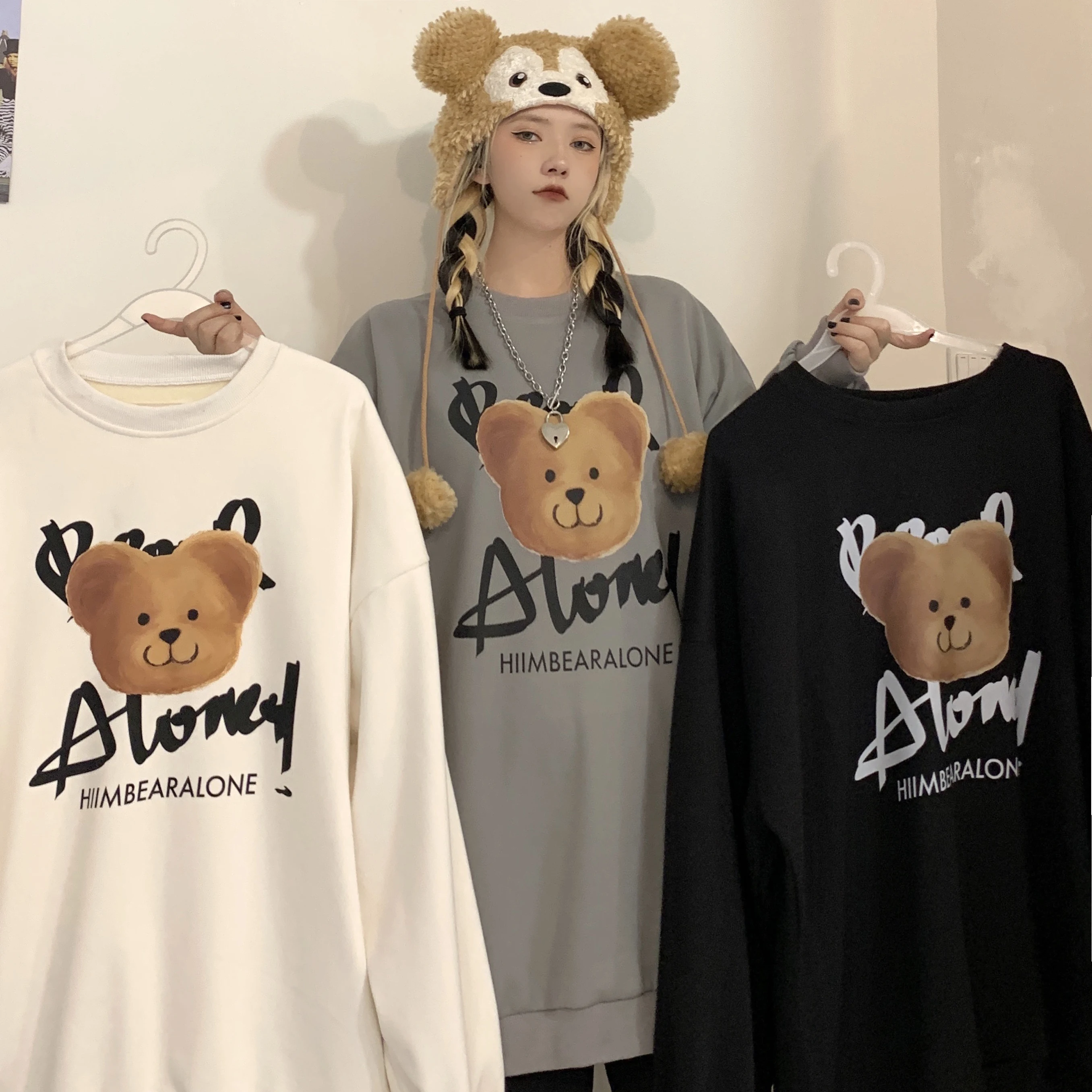 

2021new round Neck Fleece-Lined Sweater Women's Fashionable Ins Harajuku Style Korean Cartoon Bear Printed Couple Winter Clothes